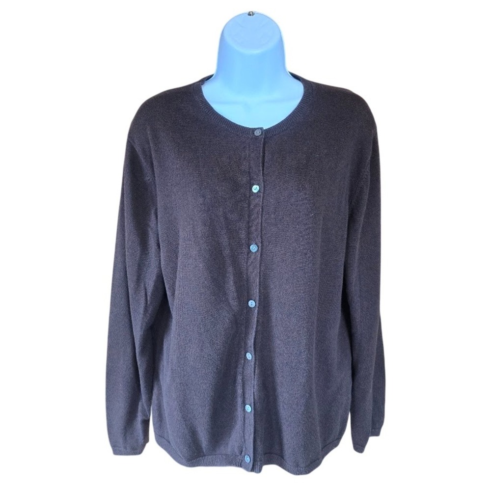 Lands End Cardigan‎ Women L 14-16 Brown Cotton Button Up Classic Dark Academia